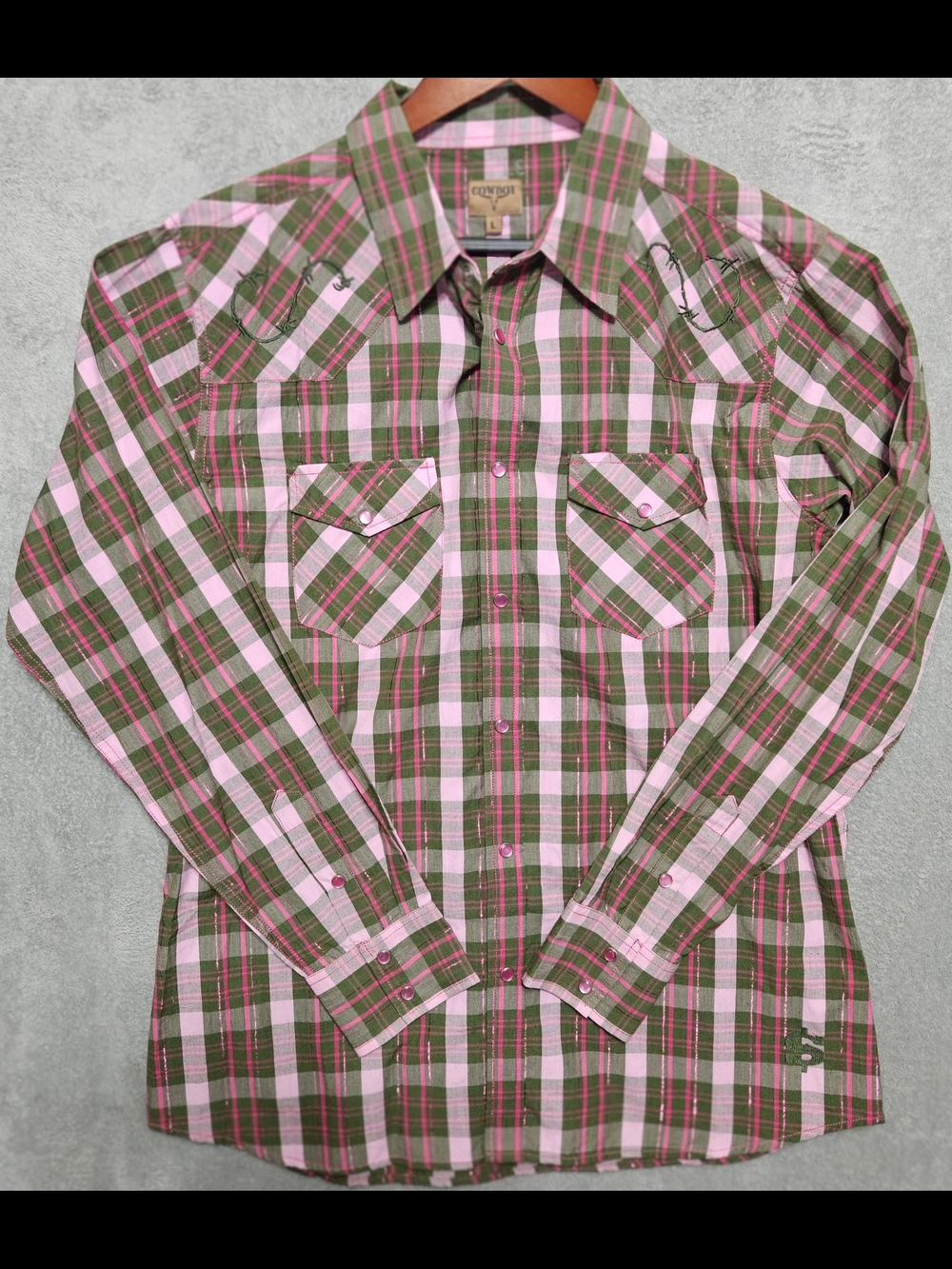 COWGIRL HARDWARE SZ L PINK  EMBELLISHED BROWN/PINK PLAID WESTERN SHIRT